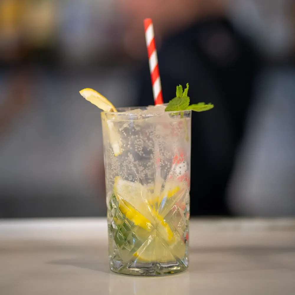 A transparent drink in a glass with a straw, lemon slices, ice, and green leaves.